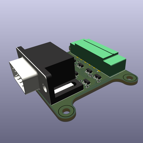 BMW ADS Interface board 3D render with DB9 connector and terminal block